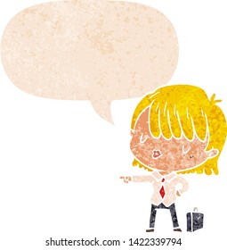 cartoon efficient businesswoman with speech bubble in grunge distressed retro textured style