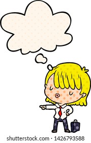cartoon efficient businesswoman with thought bubble in comic book style