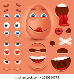 Cartoon egg 3d smiley face vector character creation constructor. Emoji with emotions, eyes and mouthes set.