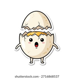 Un personaje de huevo de dibujos animados que eclosiona con una cara sorprendida y la boca abierta