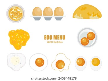 Cartoon egg dish vector illustration. Hard-cooked eggs. Fried, boiled, omelet and frittata, healthy breakfast set. Delicious cooked egg menu on a white background Easy to edit.