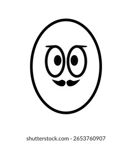 Cartoon Egg Face com Mustache - Ilustração de personagem engraçado Doodle. Ilustração em estilo cartoon preto e branco de um rosto em forma de ovo com um pequeno bigode e olhos largos e expressivos.