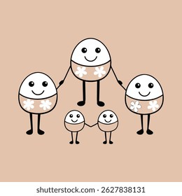 Cartoon egg family holding hands illustration on light brown background