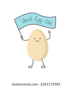 Cartoon egg holding a flag with text. World Egg Day. Calligraphy lettering. Vector illustration, background isolated.
