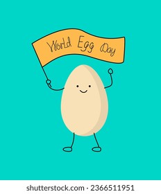 Cartoon egg holding a flag with text. World Egg Day. Calligraphy lettering. Vector illustration, background isolated.