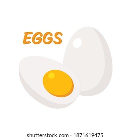 Cartoon egg isolated on white background. Whole and half boiled egg.