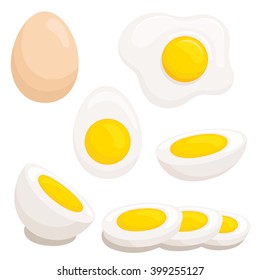 Cartoon egg isolated on white background. Set of fried, boiled, half, sliced eggs. Vector 
illustration. Eggs in various forms.