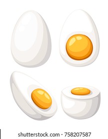 Cartoon egg isolated on white background. Set of boiled, half, sliced eggs. Vector illustration. Eggs in various forms. Web site page and mobile app design