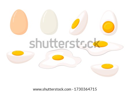 Cartoon egg isolated on white background. Set of fried, boiled, half, sliced eggs. Vector illustration. Eggs in various forms.