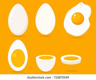 Cartoon egg isolated on a yellow background. Set fried, boiled, half of the chopped egg. Vector . Eggs in various forms.