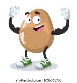 cartoon egg mascot shows its strength on a white background