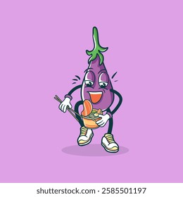 A cartoon eggplant character happily enjoys a bowl of noodles using chopsticks.