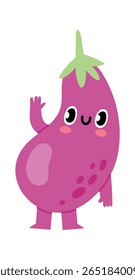 Cartoon eggplant character waving with arms and legs, smiling happily, with big eyes and rosy cheeks, isolated on white background, promoting healthy eating and vegetarian lifestyle