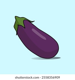 A cartoon eggplant with a green leafy top sits on a light blue background.