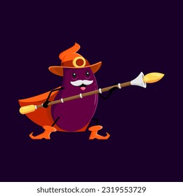 Cartoon eggplant Halloween vegetable wizard, witch and mage character. Vector magician veggies with white mustaches wear cape and staff in hand. Funny magic parsonage, wiz or sorcerer ready for battle