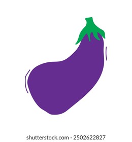 Cartoon eggplant hand drawn, cute vegetable doodle, purple character simple icon. Funny child food  isolated on white background. Baby naive vector illustration