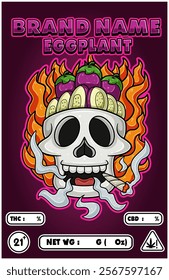 Cartoon Eggplant on Skull Head Smoking And Burning Fire Backgrounds. For Product Packaging Cover. Vectors Illustrations