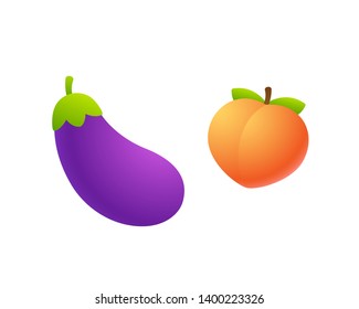 Cartoon eggplant and peach emoji icon. Funny symbolic representation of male and female sexual organs. Isolated vector clip art illustration.
