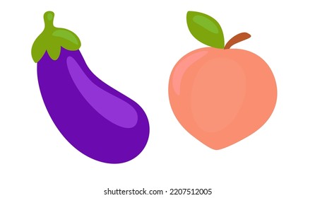 Cartoon Eggplant And Peach Emoji. Sexual Male And Female Symbols.