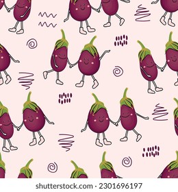 Cartoon eggplant seamless pattern with doodle elements.A couple of characters with arms and legs holding each other.Colorful print on fabric and paper.Vector flat  illustration on pink background.