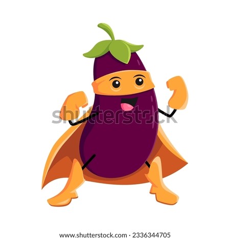 Cartoon eggplant super hero vegetable character. Isolated vector funny veggies comics book vigilante donning cloak and mask. Fairytale healthy food, vitamin superhero personage, fresh garden plant