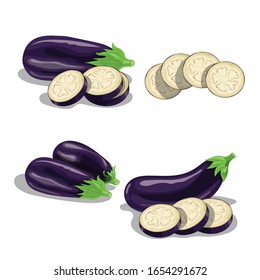 Cartoon-Auberginen-Set. Gruppierung und geschnittene Auberginen. Gemüse auspflanzen. Kollektion von Vektorgrafiken einzeln auf weißem Hintergrund.