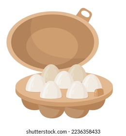 Cartoon eggs in cardboard box. Eggs packaging, grocery store chicken eggs, organic healthy food flat vector illustration on white background