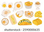 Cartoon eggs dishes, cooked eggs. Fried, boiled, fluffy egg, scrambled omelette and egg sandwich, healthy delicious breakfast flat vector illustration set. Tasty cooked egg dishes