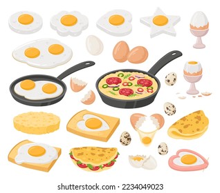 Huevos de dibujos animados, huevos cocidos. Huevo frito, hervido, relleno, tortilla revuelta y frittata, desayuno sano y delicioso ilustrado vectorial plano. Sabrosos huevos cocidos