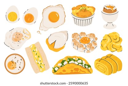 Cartoon eggs dishes, cooked eggs. Fried, boiled, fluffy egg, scrambled omelette and egg sandwich, healthy delicious breakfast flat vector illustration set. Tasty cooked egg dishes