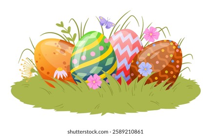 Cartoon eggs on grass lawn. Easter painted eggs, happy Easter colorful decorative eggs flat vector illustration. Traditional spring holiday painted eggs