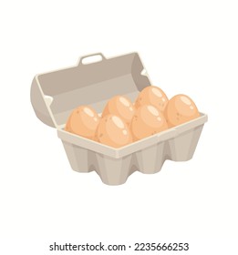 Cartoon eggs in tray isolated vector chicken eggs in carton box on white background. Cardboard package with brown eggs, angle view, farm production retail