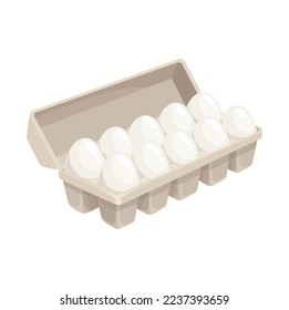 Cartoon eggs in tray isolated vector chicken eggs in carton box on white background. Cardboard package with fresh eggs, angle view, farm production retail in store