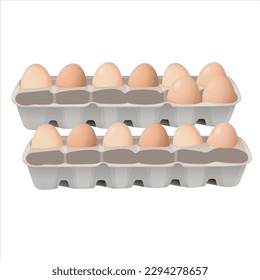 Cartoon eggs in tray isolated vector chicken eggs in carton box on white background. Cardboard package with fresh eggs, angle view, farm production retail in store