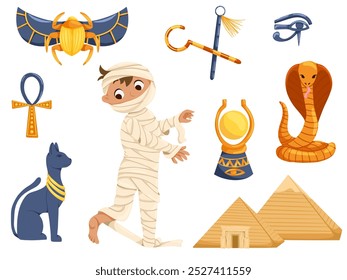 Caricatura de Elementos de Egipto. Pegatinas de Halloween con un personaje de niño momia, pirámides, gato, cobra, escarabajo, Egipto símbolos conjunto de Vectores. Ilustración de un niño en un disfraz de momia de Halloween