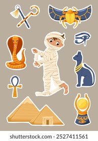 Cartoon Egypt elements. Halloween stickers with a mummy boy character, pyramids, cat, cobra, scarab, egypt symbols vector set. Illustration of a child in a Halloween mummy costume