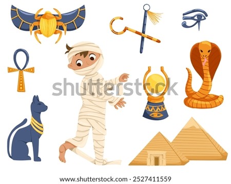 Cartoon Egypt elements. Halloween stickers with a mummy boy character, pyramids, cat, cobra, scarab, egypt symbols vector set. Illustration of a child in a Halloween mummy costume
