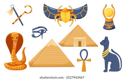 Cartoon Egypt elements. Set with pyramids, cat, cobra, scarab, egypt symbols, aten, eye of horus. Vector illustration for stickers, logo, print, web