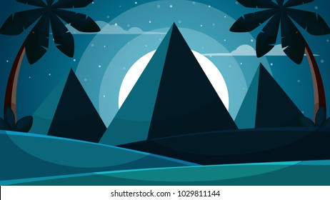 Cartoon egypt landscape. Pyramid, sun, palm illustration Vector eps 10