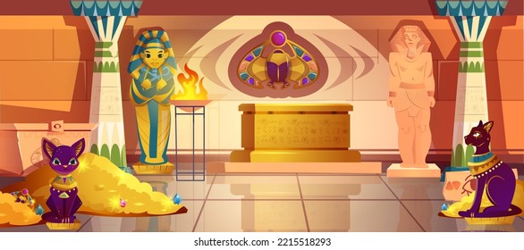 Caricatura Tumba de Egipto con el faraón sarcófago, antiguo pilar de piedra, pila dorada de joyas y tesoros, pecho. El interior del templo antiguo con escultura de bastet, escarabajo en la pared y jeroglíficos. Pirámide adentro.