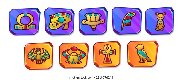 Cartoon egyptian culture religious symbols. Ancient Egypt icons for game user interface. Vintage objects of bastet cat goddess, eye of horus, scarab, ankh cross, lotus, ra and ibis. Protective amulet.