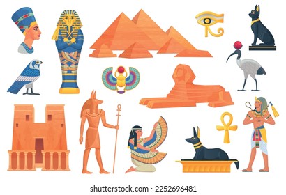 Cartoon egyptian elements. Ancient egypt statue and mythology objects, birds scarab jackal history god sphinx pharaoh building architecture for game, vector illustration of ancient statue civilization