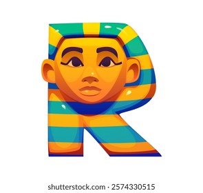 Cartoon Egyptian font pharaoh face R letter. Africa history font typeset P letter, ancient civilization vector game alphabet symbol or egyptian mythology ABC element with pharaoh sarcophagus