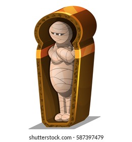 Cartoon Egyptian mummy in sarcophagus isolated on white background. Vector illustration.