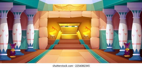 Cartoon egyptian pyramid interior with columns with oranment, stone walls and statue of Bastet cat. Temple room or ancient Egypt pharaoh tomb with hieroglyphs. Old civilization palace sarcophagus.