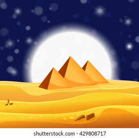Cartoon Egyptian pyramids in the desert with star night sky. Vector illustration