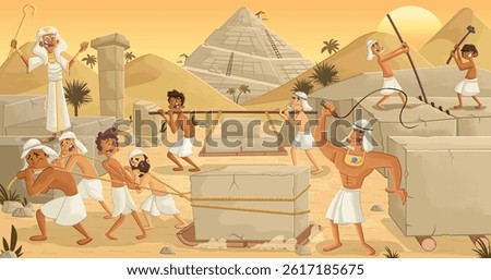 Cartoon Egyptian workers building pyramids. Cartoon pyramid slavery work in ancient Egypt.
