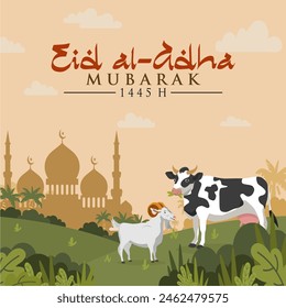 Cartoon Eid Al Adha Mubarak 1445H greeting card with cow, goat and mosque illustration. Best choice for islamic days and celebration. Idul Adha 2024. Vector Illustration