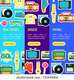 Cartoon Eighties Style Symbol Banner Vecrtical Set Retro Concept of Audio Tape, Phone and Shoe Accessory Hipsters. Vector illustration