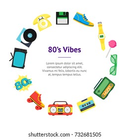 Cartoon Eighties Style Symbol Banner Card Circle Retro Concept of Audio Tape, Phone and Shoe Accessory Hipsters. Vector illustration